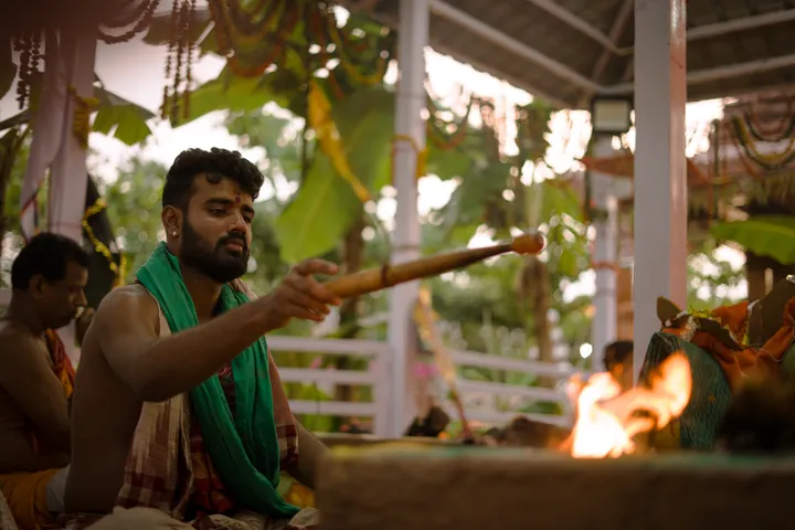Traditional sacred fire ritual during a thread ceremony