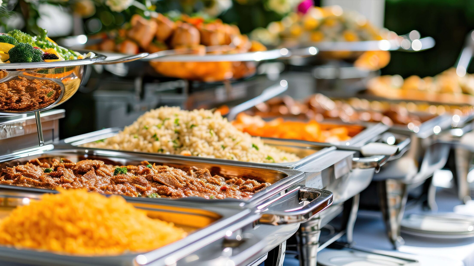 Buffet counter with rice dishes in gold chafing dishes